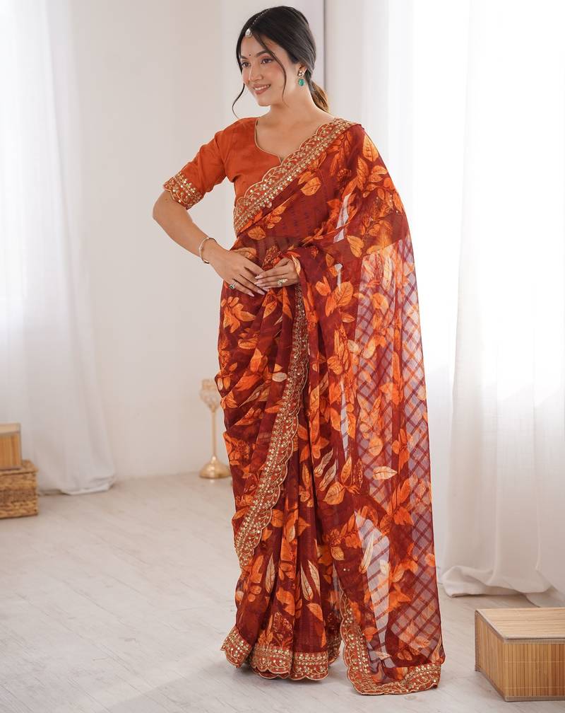 orange color marble patta fabric stylish festive special saree