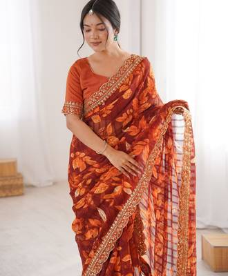 orange marble patta stylish festive special saree 3