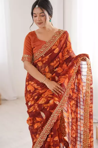 orange marble patta stylish festive special saree