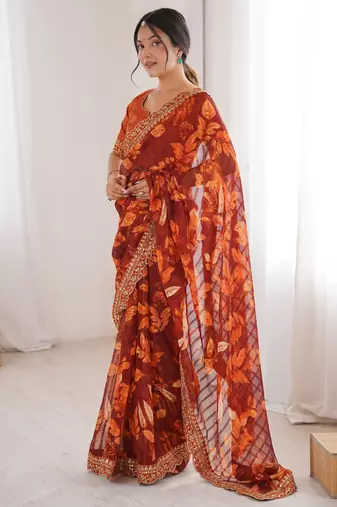 orange marble patta stylish festive special saree