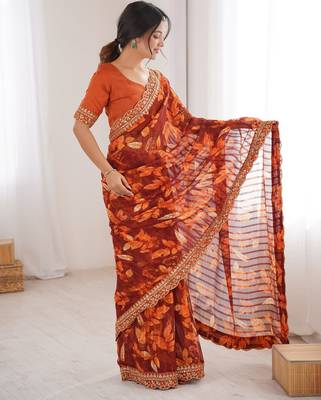 orange marble patta stylish festive special saree 5