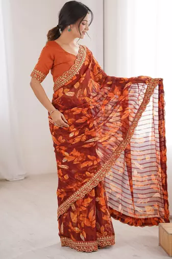 orange marble patta stylish festive special saree