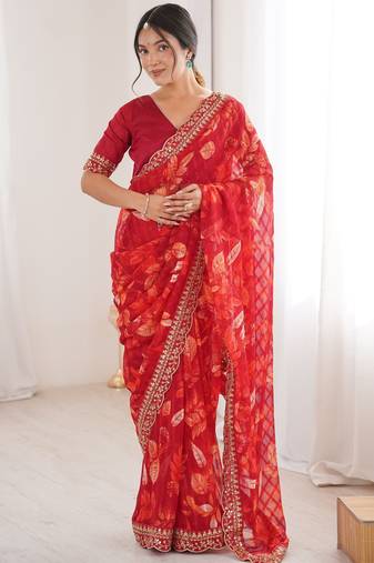 red color marble patta fabric stylish festive special saree