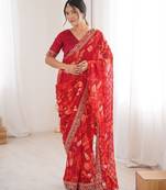 red color marble patta fabric stylish festive special saree