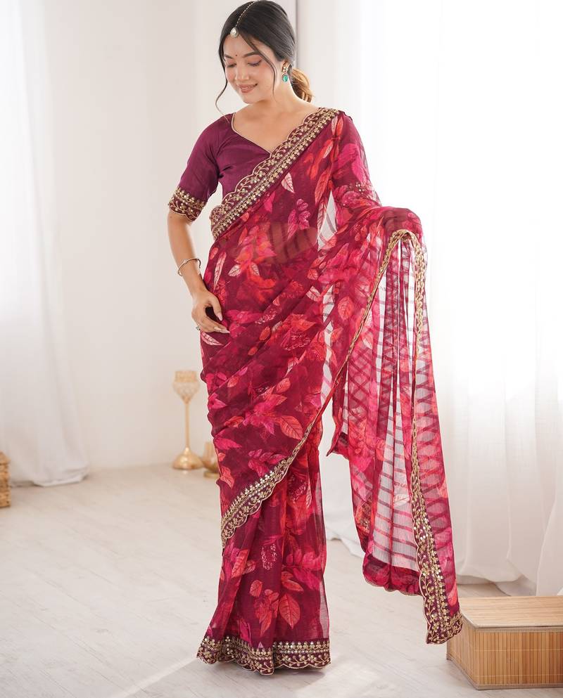 wine color marble patta fabric stylish festive special saree