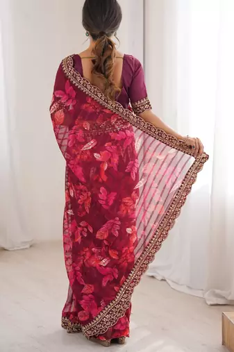 wine marble patta stylish festive special saree