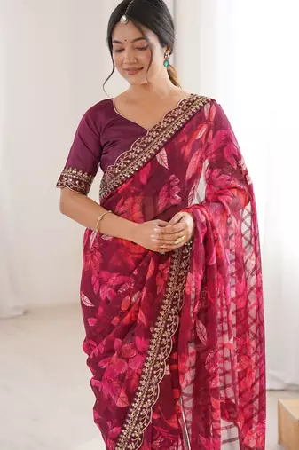 wine marble patta stylish festive special saree