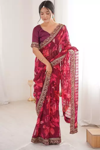 wine marble patta stylish festive special saree