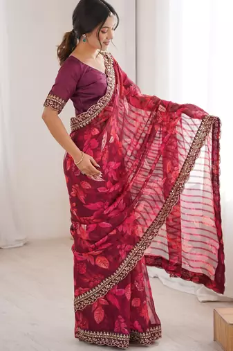 wine marble patta stylish festive special saree