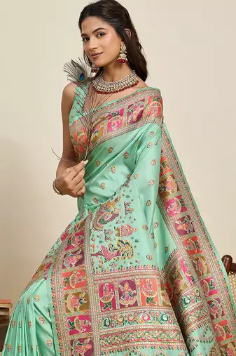 sea green silk blend meenakari ethnic partywear saree