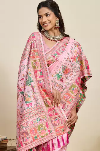 pink silk blend meenakari ethnic partywear saree