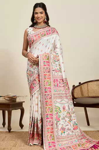 off white color beautiful silk blend blended meenakari designer ethnic partywear saree