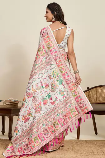 off white silk blend meenakari ethnic partywear saree