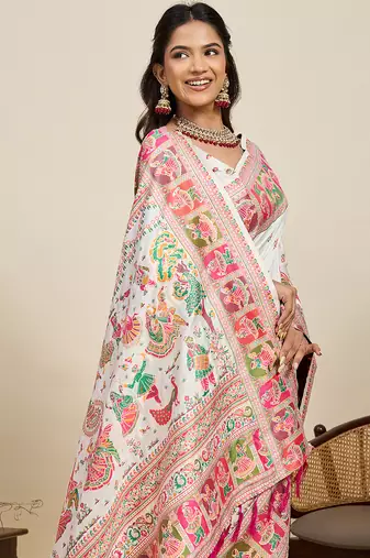 off white silk blend meenakari ethnic partywear saree