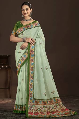 pista green color crepe silk blend fabric designer foil printed saree