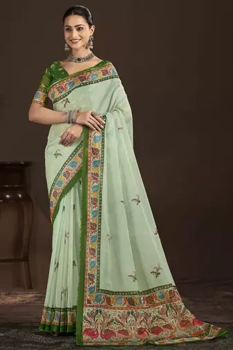 pista green color crepe silk blend fabric designer foil printed saree