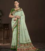 pista green color crepe silk blend fabric designer foil printed saree