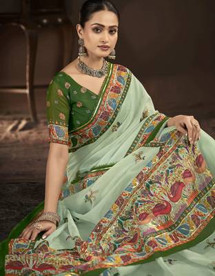 pista green crepe silk blend foil printed saree 3