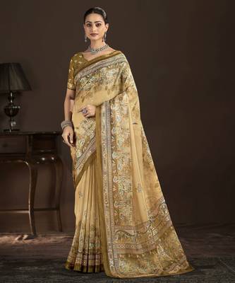 beige crepe silk blend foil printed saree 1