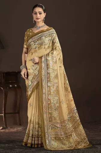beige color crepe silk blend fabric designer foil printed saree