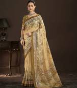 beige color crepe silk blend fabric designer foil printed saree