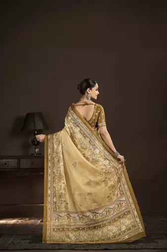 beige crepe silk blend foil printed saree
