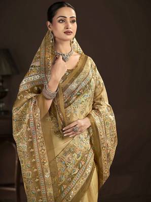 beige crepe silk blend foil printed saree 3