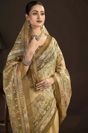 beige crepe silk blend foil printed saree
