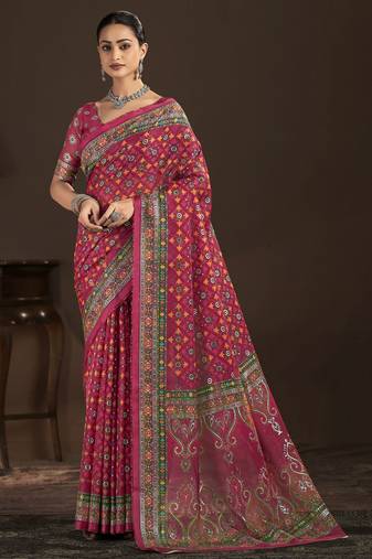 red color crepe silk blend fabric designer foil printed saree