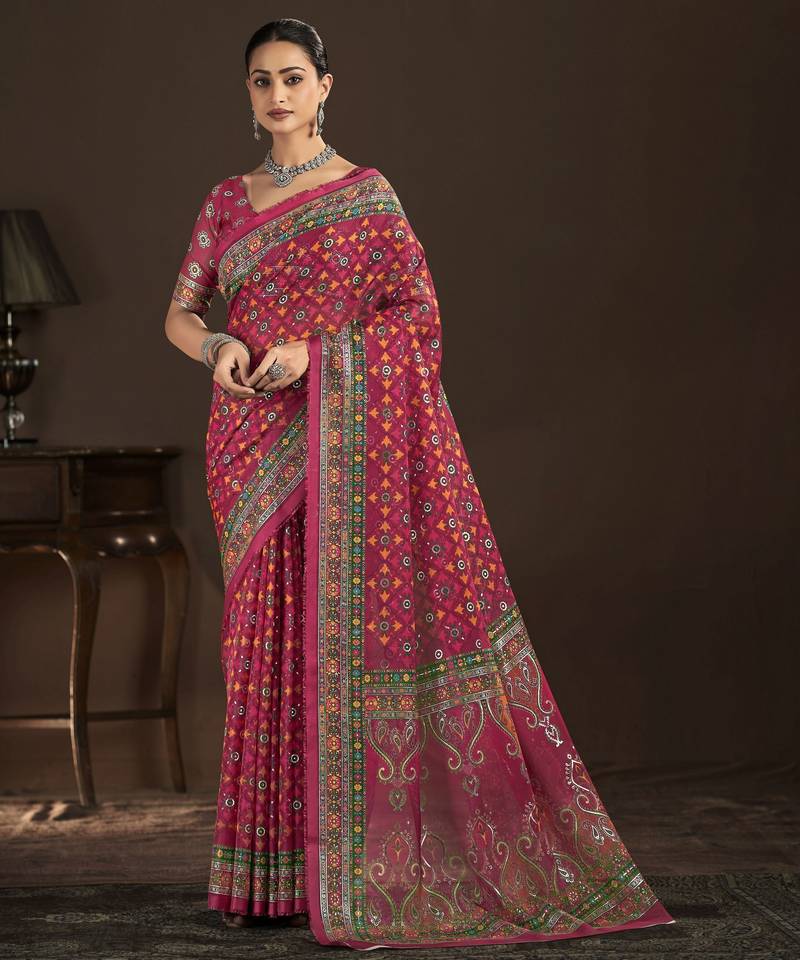 red color crepe silk blend fabric designer foil printed saree