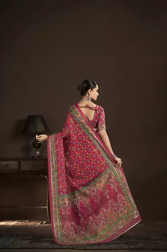 red crepe silk blend foil printed saree