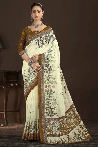 cream color crepe silk blend fabric designer foil printed saree