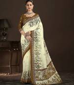 cream color crepe silk blend fabric designer foil printed saree