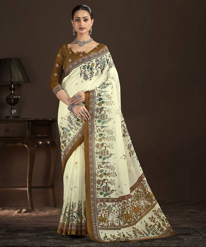 cream color crepe silk blend fabric designer foil printed saree
