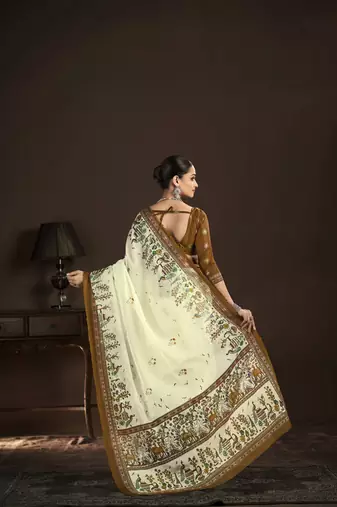 cream crepe silk blend foil printed saree