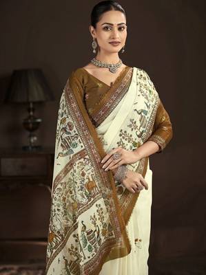 cream crepe silk blend foil printed saree 3