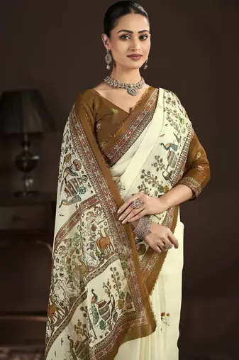 cream crepe silk blend foil printed saree