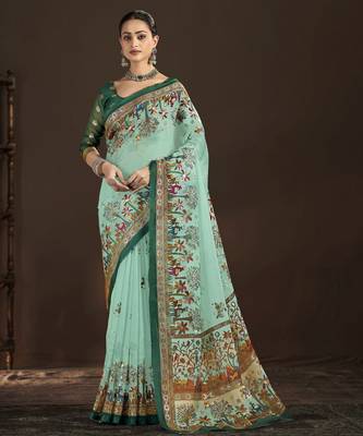 sky blue crepe silk blend foil printed saree 1