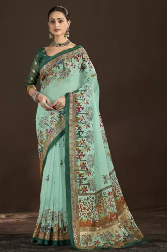 sky blue color crepe silk blend fabric designer foil printed saree