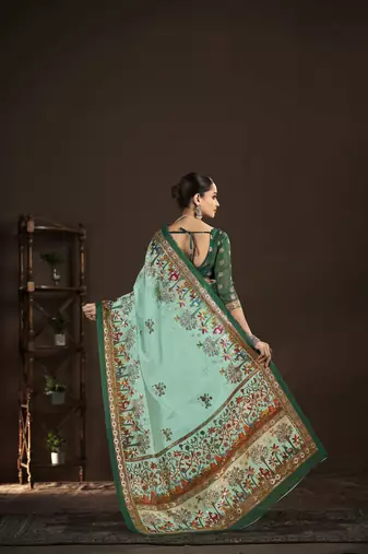 sky blue crepe silk blend foil printed saree