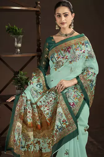 sky blue crepe silk blend foil printed saree
