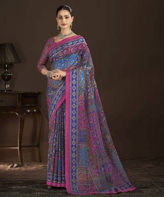 blue crepe silk blend foil printed saree 1