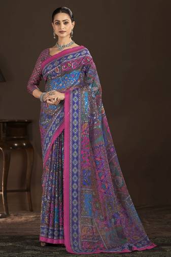 blue color crepe silk blend fabric designer foil printed saree