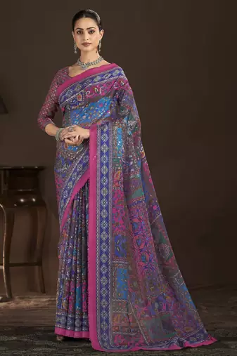 blue color crepe silk blend fabric designer foil printed saree