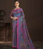 blue color crepe silk blend fabric designer foil printed saree
