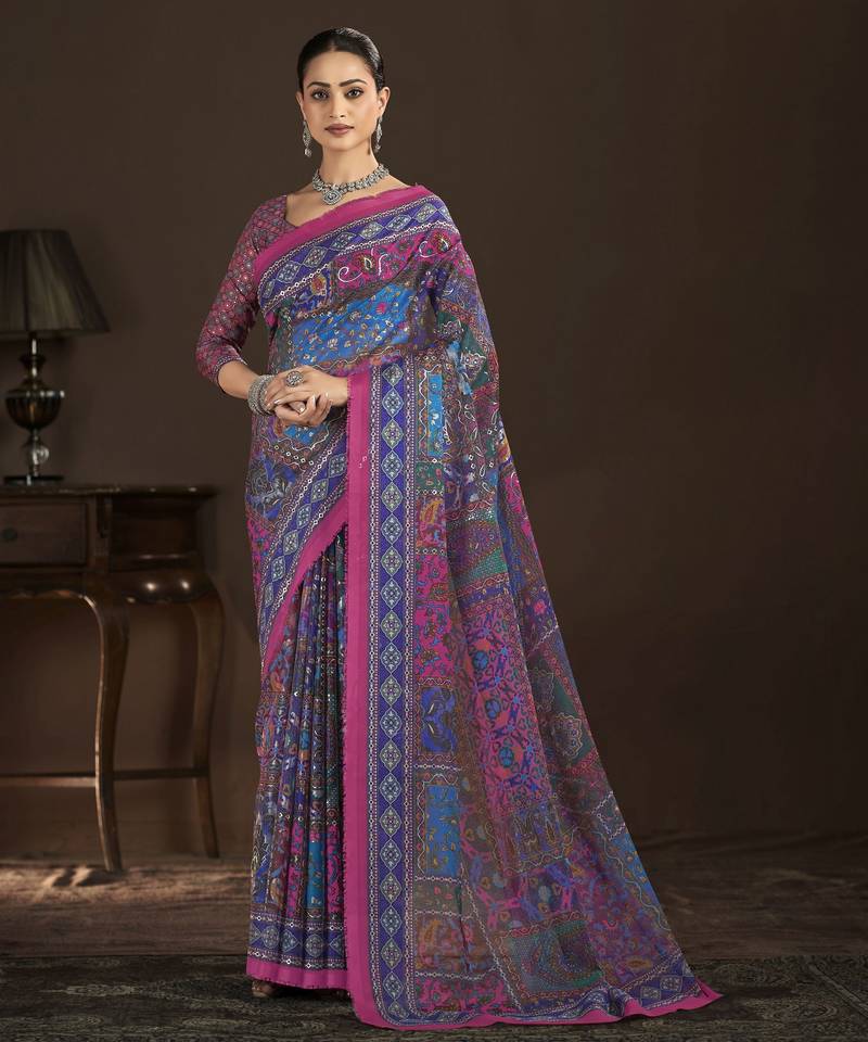 blue color crepe silk blend fabric designer foil printed saree