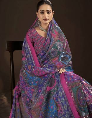 blue crepe silk blend foil printed saree 3