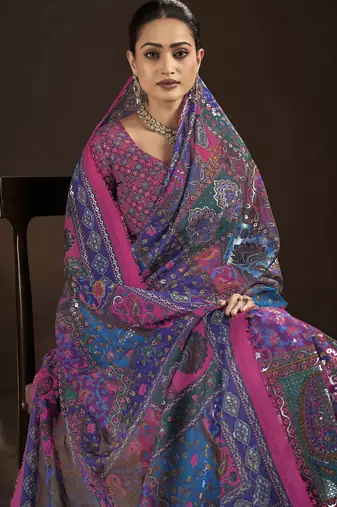 blue crepe silk blend foil printed saree