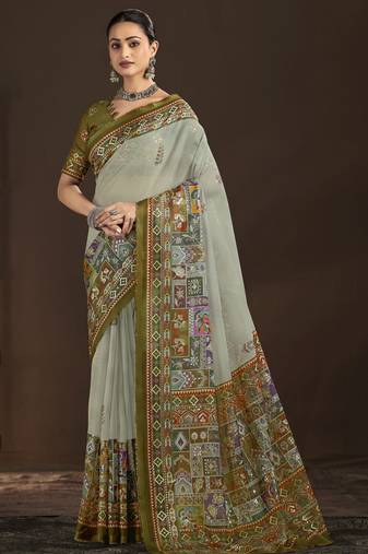 pista   color crepe silk blend fabric designer foil printed saree