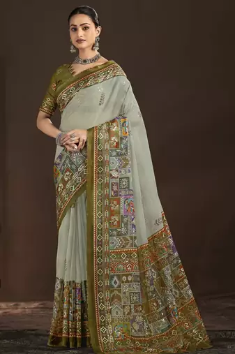 pista   color crepe silk blend fabric designer foil printed saree